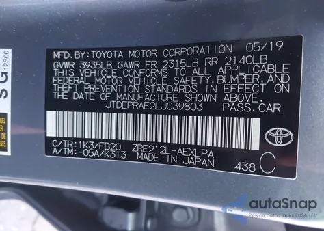 2020 Toyota Corolla Le из США, поврежденный, VIN JTDEPRAE2LJ039803